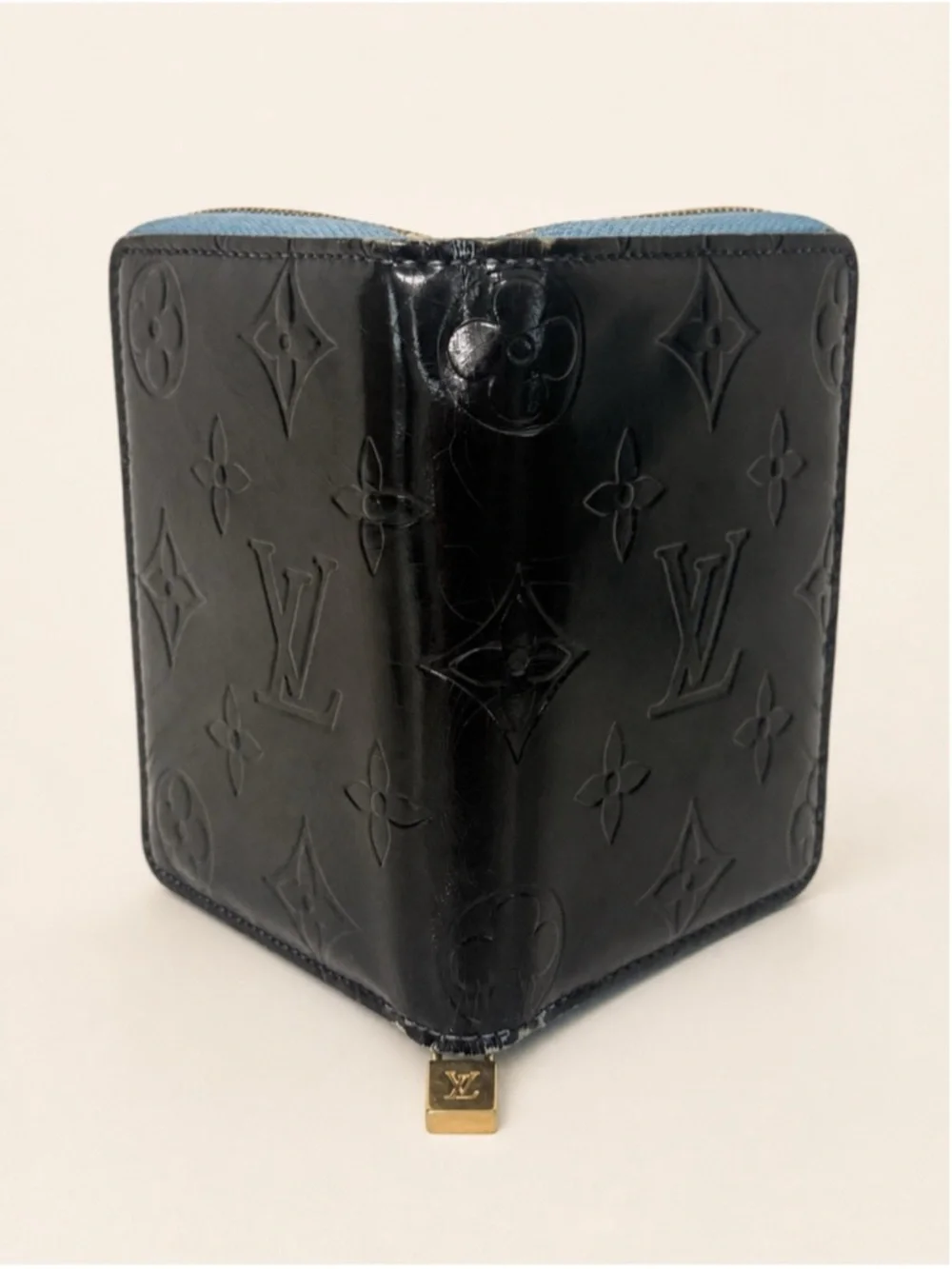 Louis Vuitton Black Monogram Vernis Zip Card Holder with Light Blue Trim